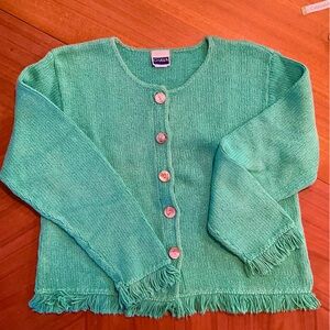 Teal Green 100% Cotton Fringed Sweater with Abalone Buttons